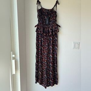 RACHEL ZOE Satin Floral Dark Blue SET  Spagetti Top Elastic Wide Legs Pants S